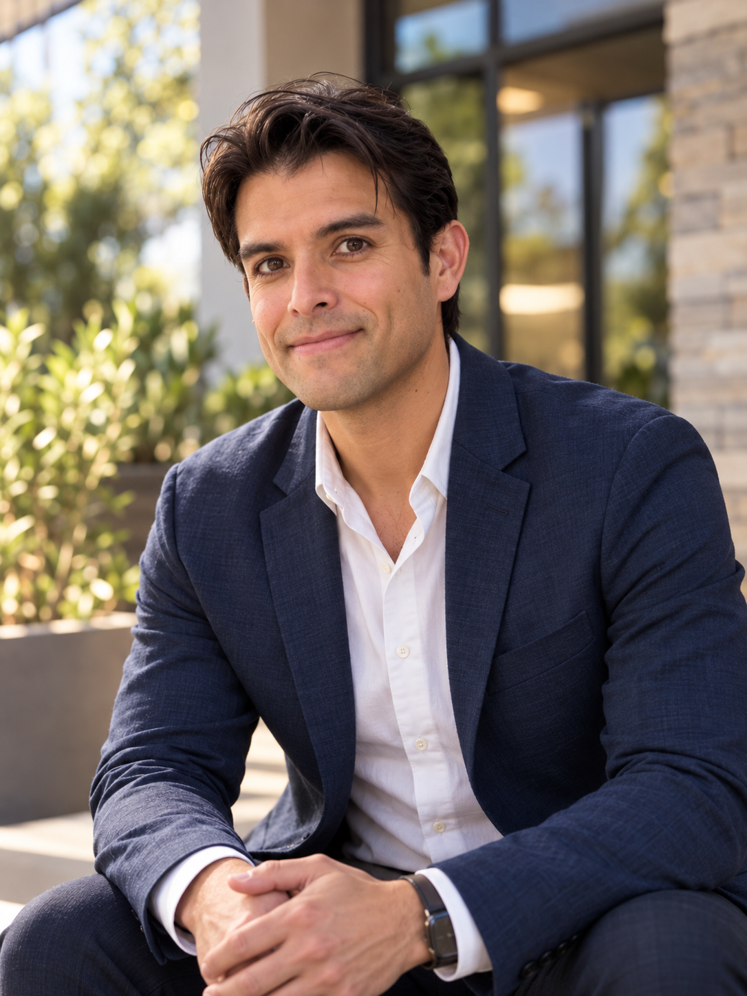 Esteban Lira seated outdoors in a navy suit and white shirt